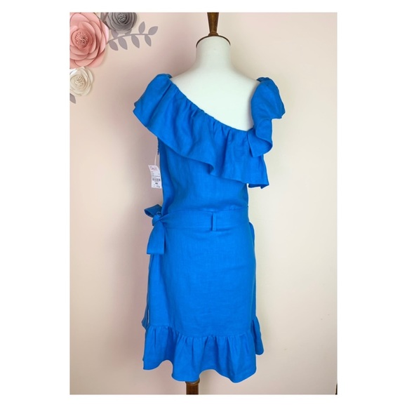 New! GOEN.J Wrap Effect Linen Ruffled Dress in Azure - Picture 8 of 11